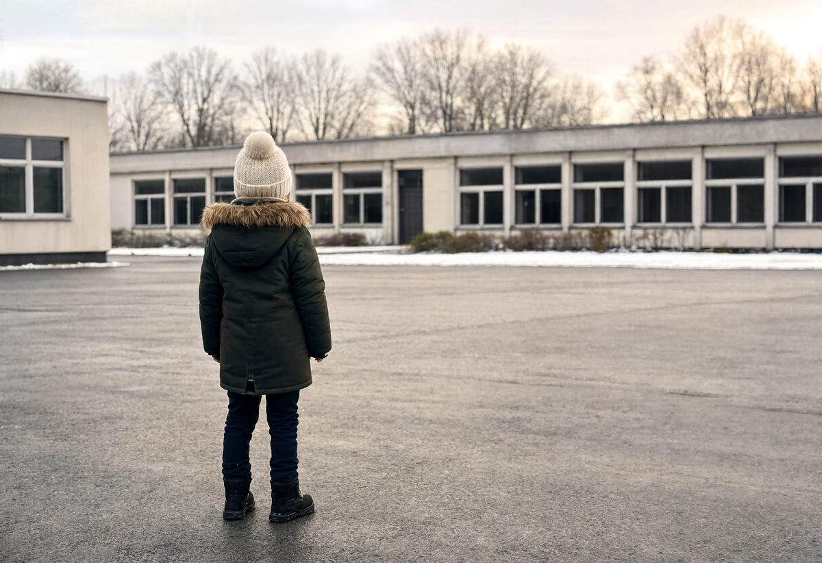 Enfant vu de dos, habillé pour l'hiver, dans une cour d'école Image