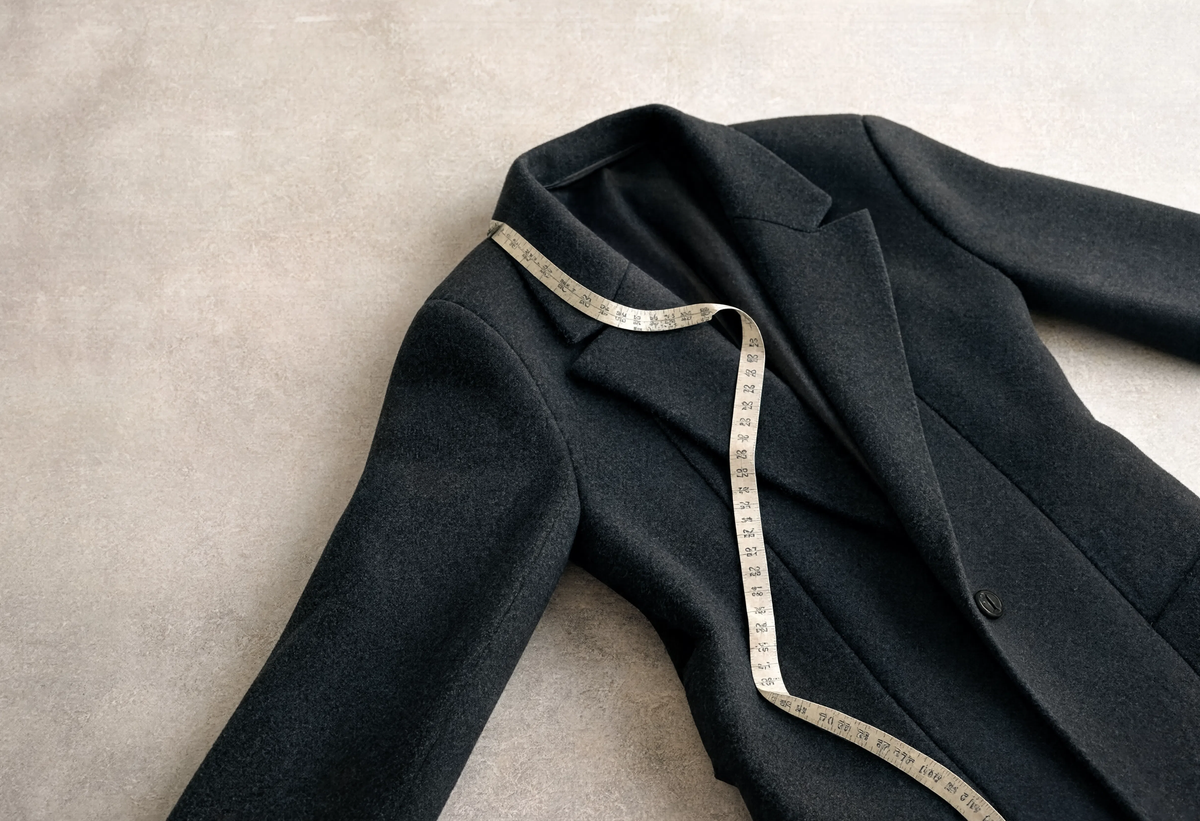 Mètre ruban posé sur l'épaule d'un manteau étendu à plat Image