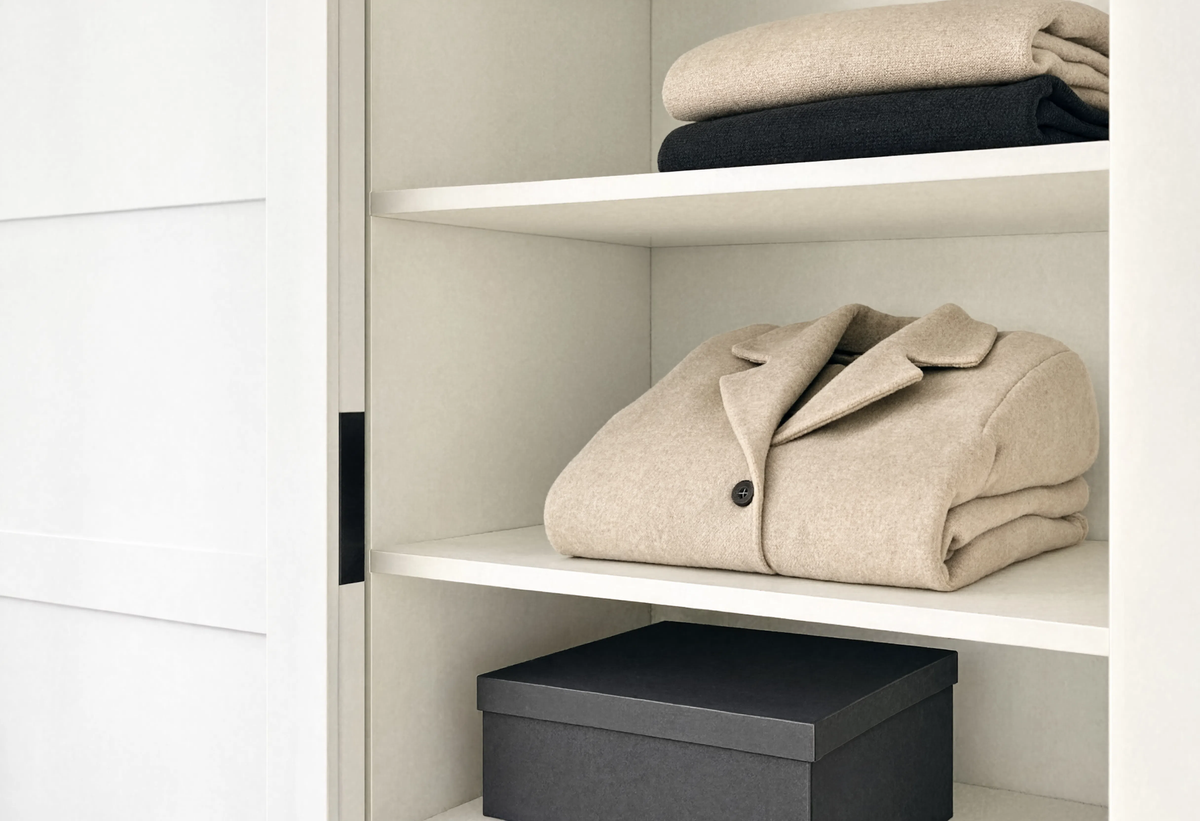 Manteau d'hiver comprimé et plié au fond d'un placard Image