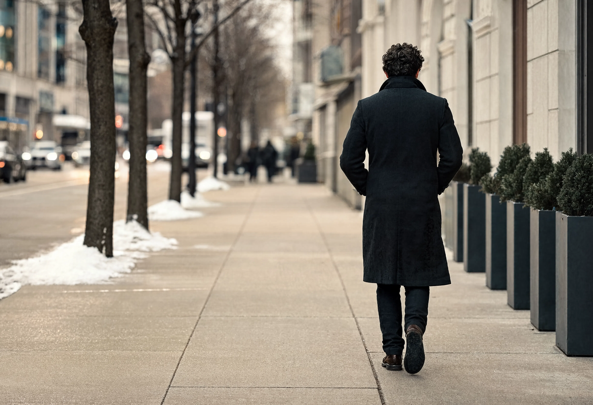 Silhouette de dos en manteau long, sur un trottoir en hiver