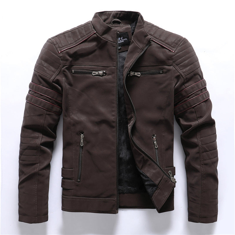 Veste motard homme marron effet cuir, zip asymétrique, surpiqûres aux épaules et aux bras