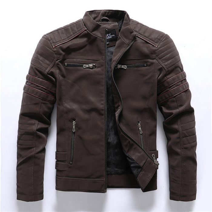 Veste motard homme marron effet cuir, zip asymétrique, surpiqûres aux épaules et aux bras
