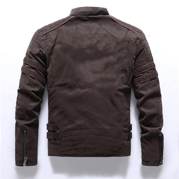 Veste motard homme marron, vue de dos avec pattes à pression sur les côtés et poignets zippés