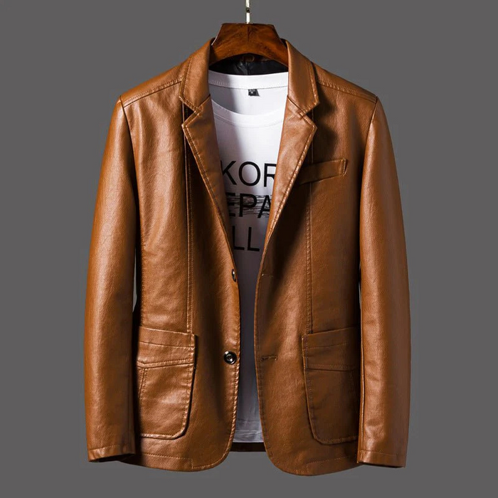 Blazer homme effet cuir cintré marron cognac, col cranté | Le Smoking