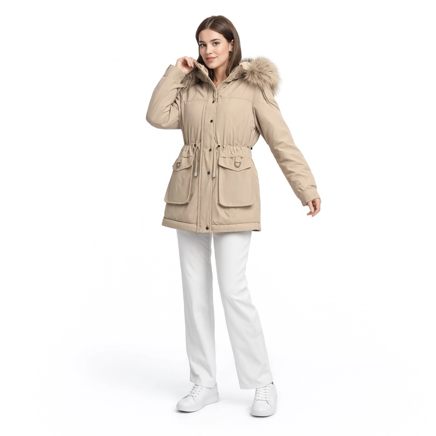 Parka femme matelassée à capuche fourrure L'Écrin, coloris beige, portée par un mannequin