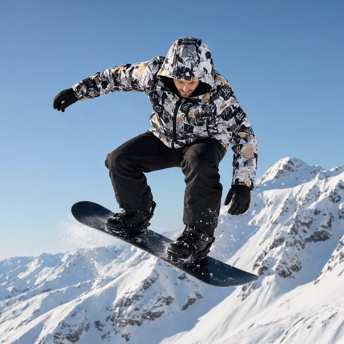 Veste coupe-vent beige et noire portée sur les pistes enneigées