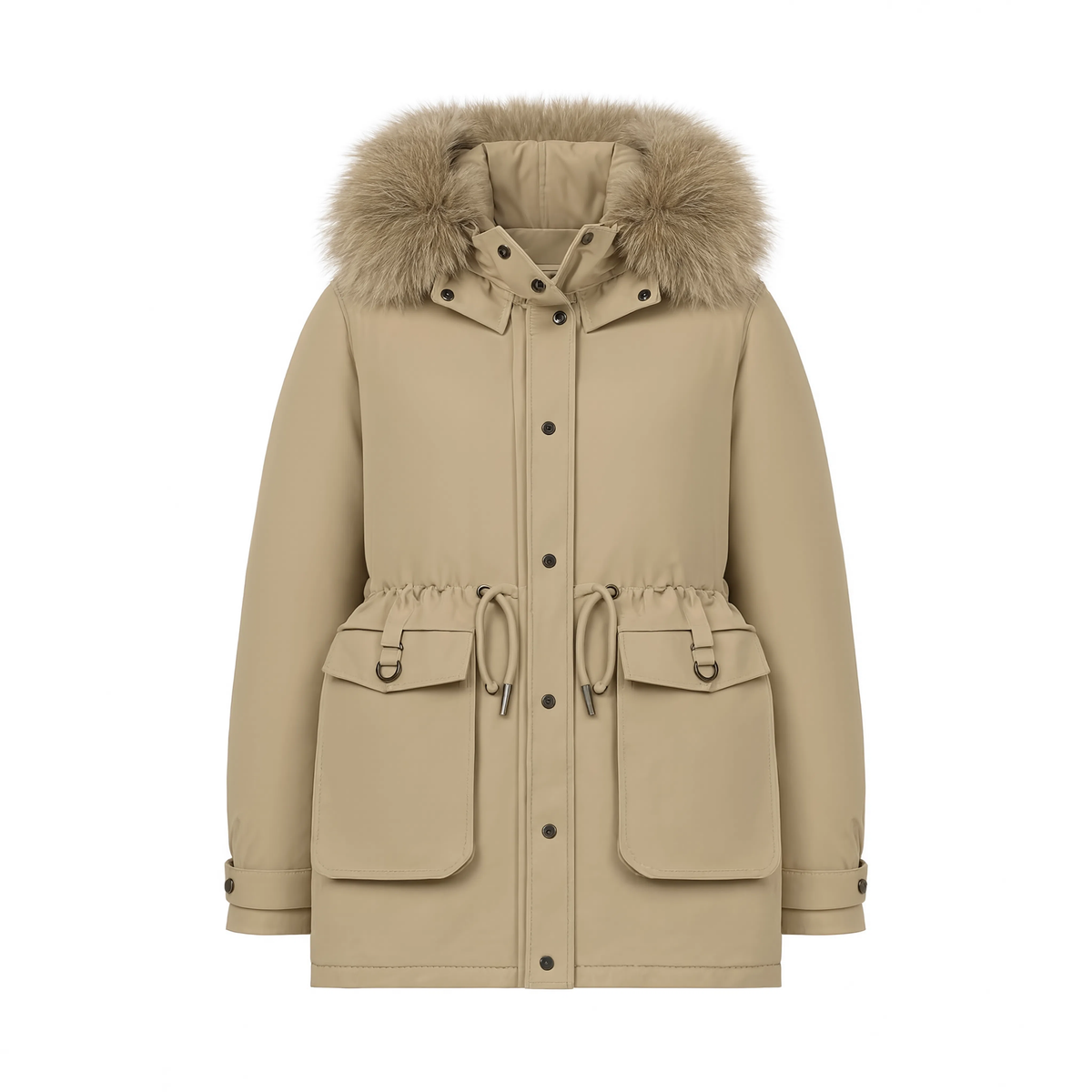 Parka femme L'Écrin beige sur fond blanc, capuche fausse fourrure et poches à rabat