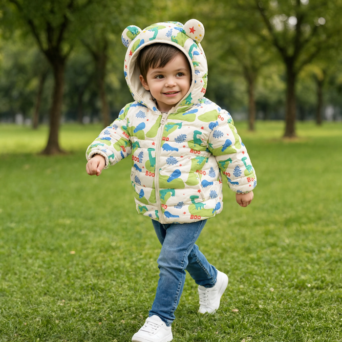 Parka enfant beige motif dinosaure portée dans un parc