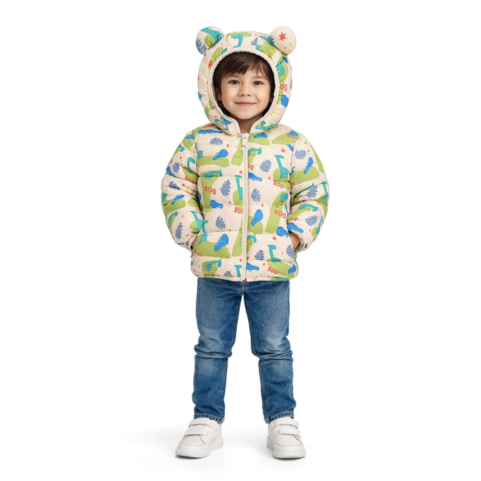 Enfant portant la parka légère beige à motif dinosaure Le Nuage
