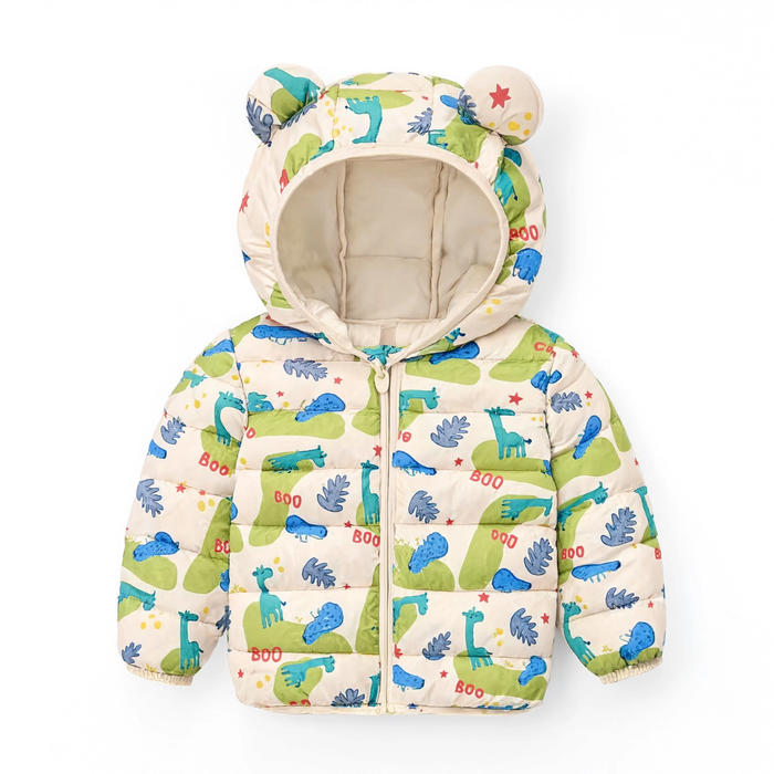 Parka enfant beige motif dinosaure à capuche, vue produit sur fond blanc