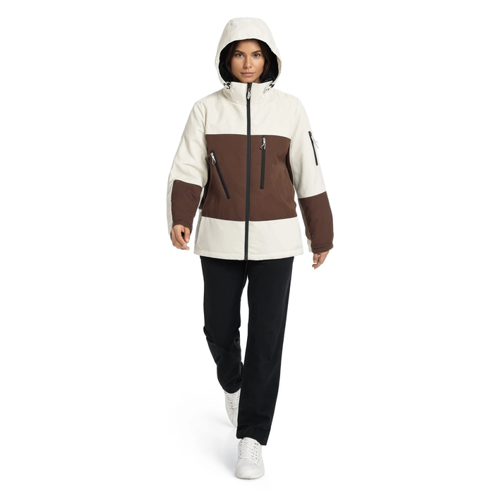 Veste de ski blanche et marron La Crête portée, vue de face