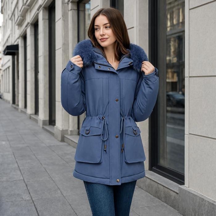 Parka femme matelassée L'Écrin bleue portée en ville