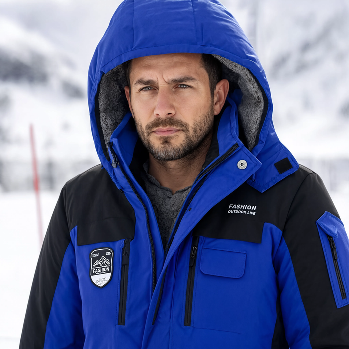 Gros plan sur le col et la capuche amovible de la parka bleu marine