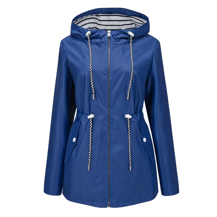 Parka de pluie femme bleue à capuche, vue produit sur fond blanc