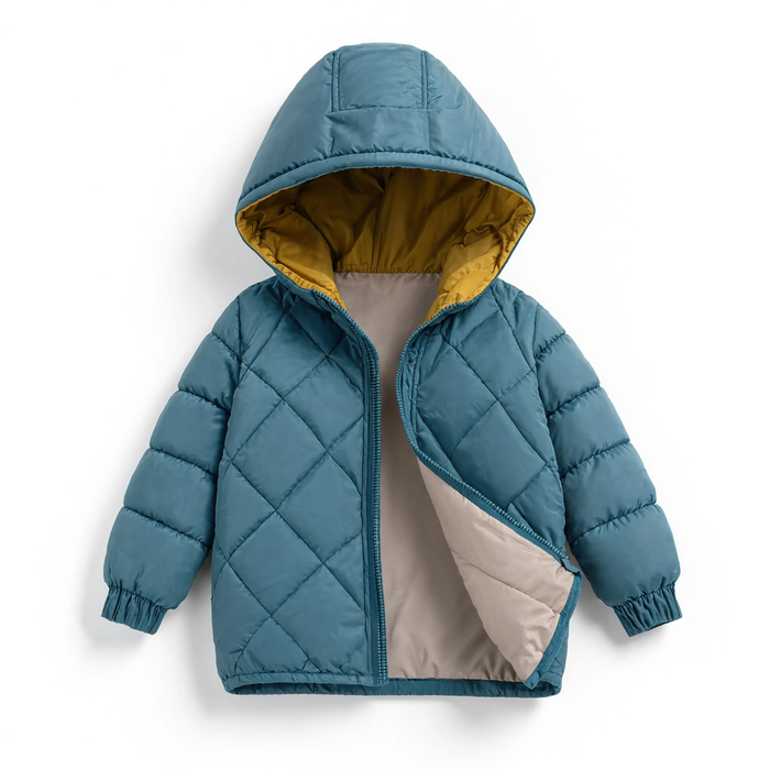 Parka enfant bleu canard rembourrée coton, vue produit sur fond blanc