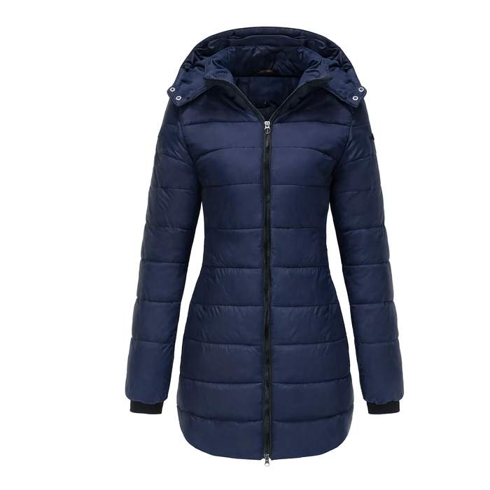 Parka femme longue à capuche La Vermeille bleu marine sur fond blanc