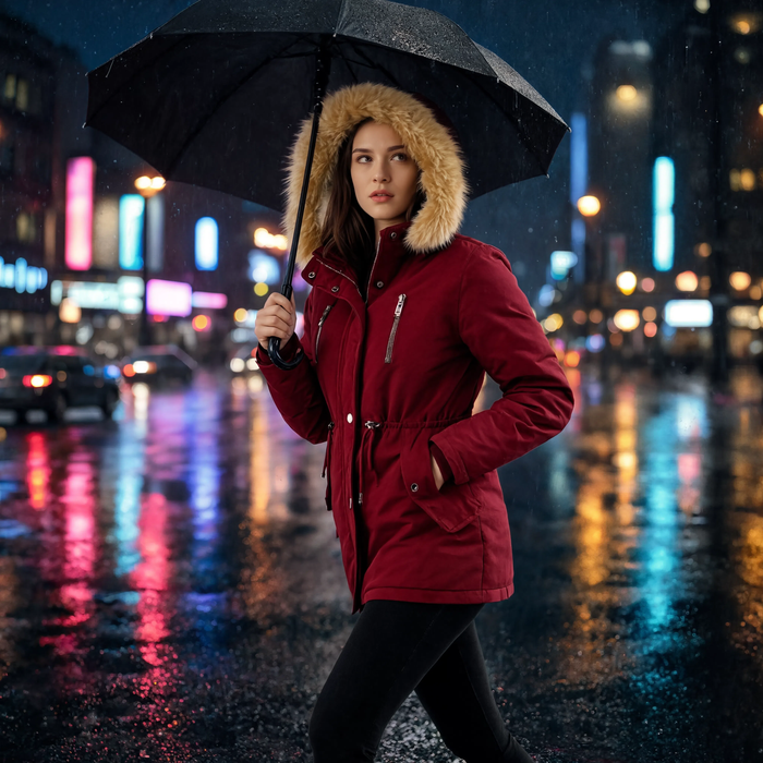 Parka femme rouge bordeaux à capuche fourrée portée en ville la nuit