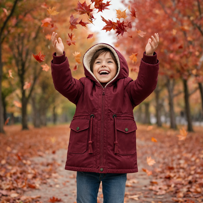 Parka enfant longue bordeaux portée dans un parc en hiver