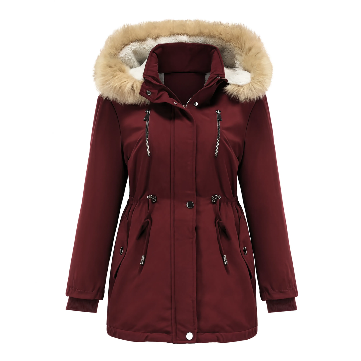 Parka femme rouge bordeaux à capuche amovible fourrée, vue produit sur fond blanc