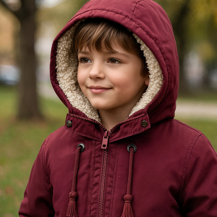 Gros plan sur le col et la capuche de la parka enfant bordeaux