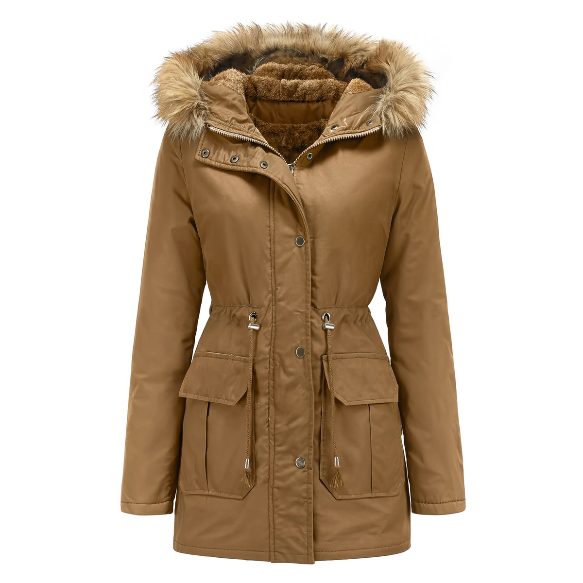 Parka femme mi-longue marron doublée polaire, vue produit sur fond blanc