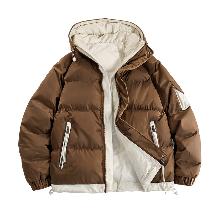 Parka doudoune homme matelassée Le Monolithe marron ouverte, doublure contrastée écrue