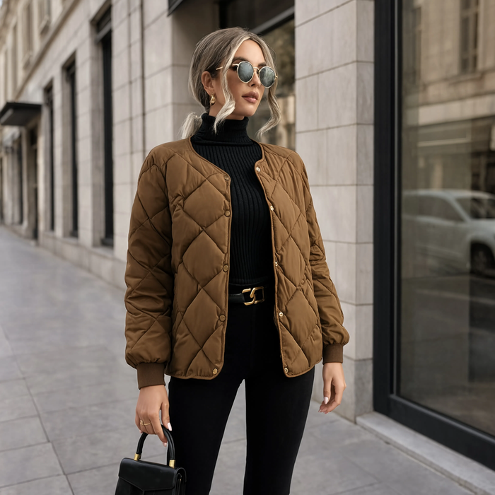 Manteau femme matelassé L'Opaline marron porté en ville
