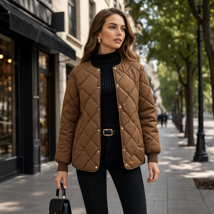 Manteau femme court matelassé L'Opaline marron porté en ville, vue de profil