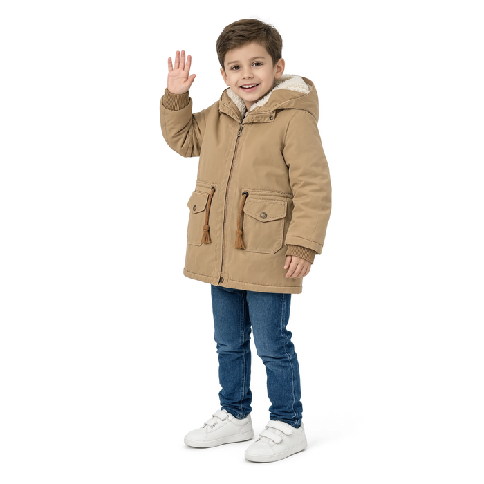 Enfant portant la parka longue camel Le Lierre à capuche