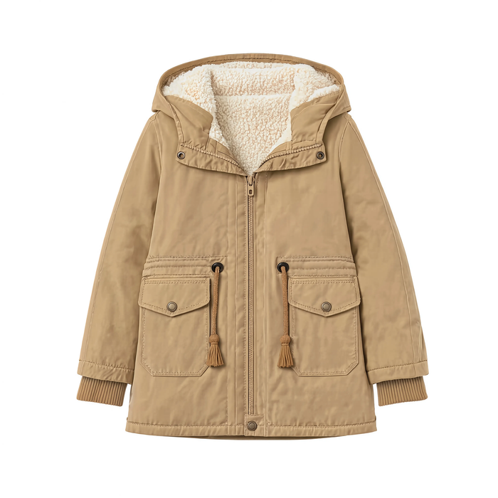 Parka enfant longue camel à capuche, vue produit sur fond blanc