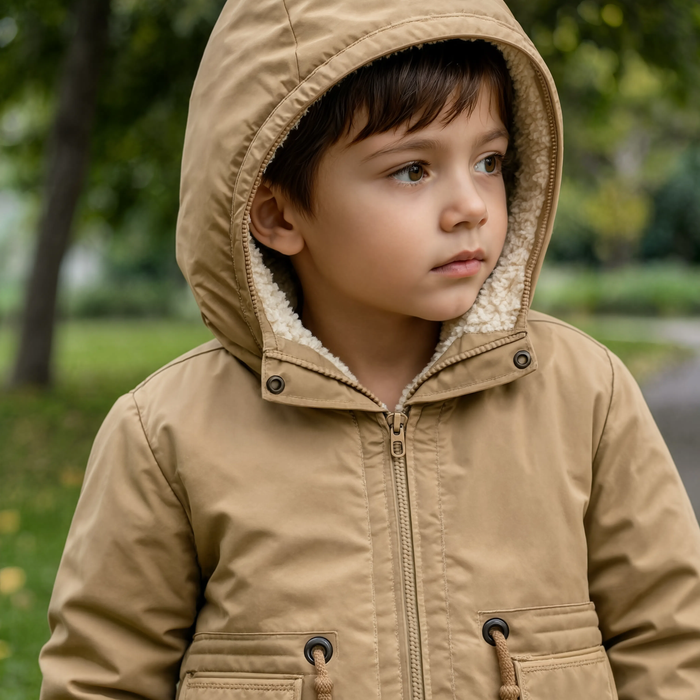 Gros plan sur le col et la capuche de la parka enfant camel