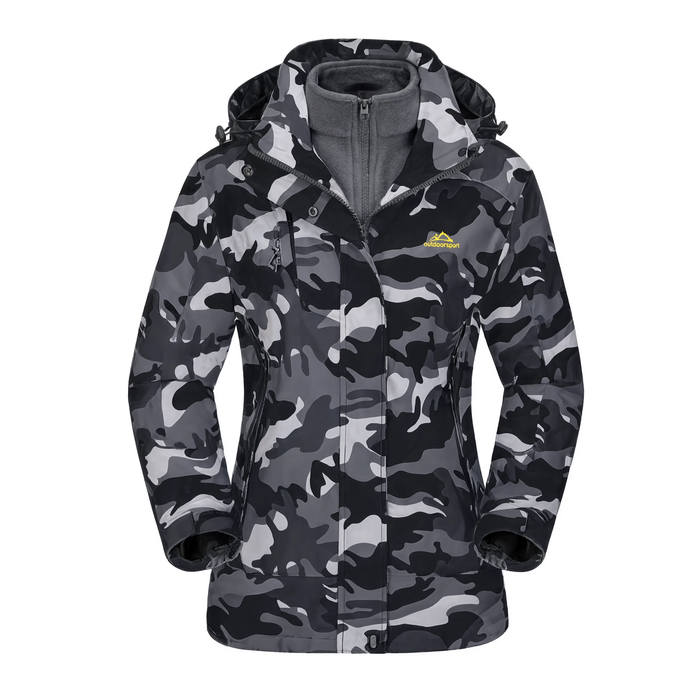 Parka de ski femme 3 en 1 La Piste gris camouflage sur fond blanc