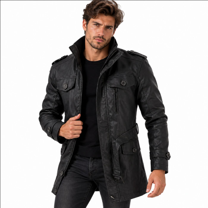 Veste longue homme effet cuir à épaulettes, col montant | Le Cavalier