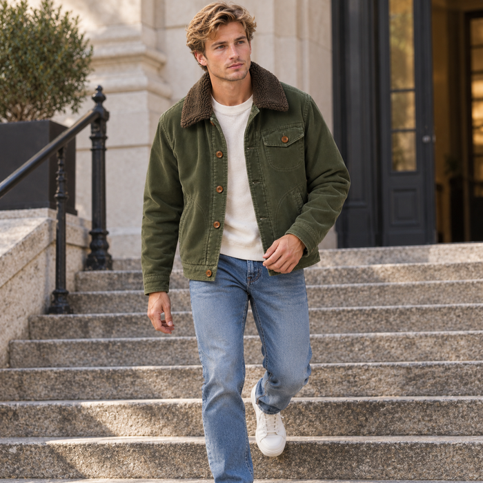 Veste homme velours côtelé doublée peluche, col fausse fourrure | Le Velours Fourré