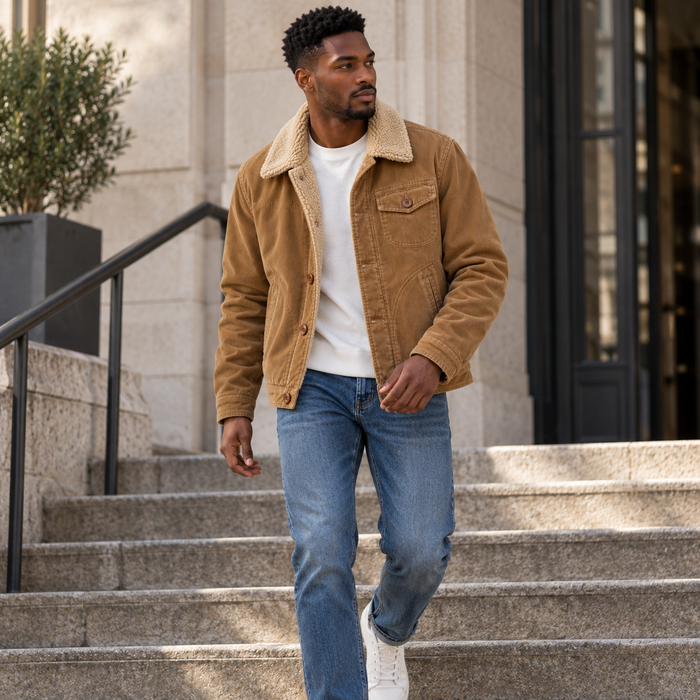 Veste homme velours côtelé doublée peluche, col fausse fourrure | Le Velours Fourré