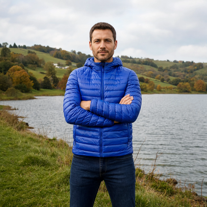 Doudoune homme légère Le Passeur bleue portée à la campagne