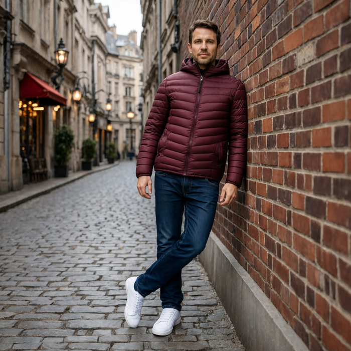 Doudoune homme légère Le Passeur bordeaux portée en ville