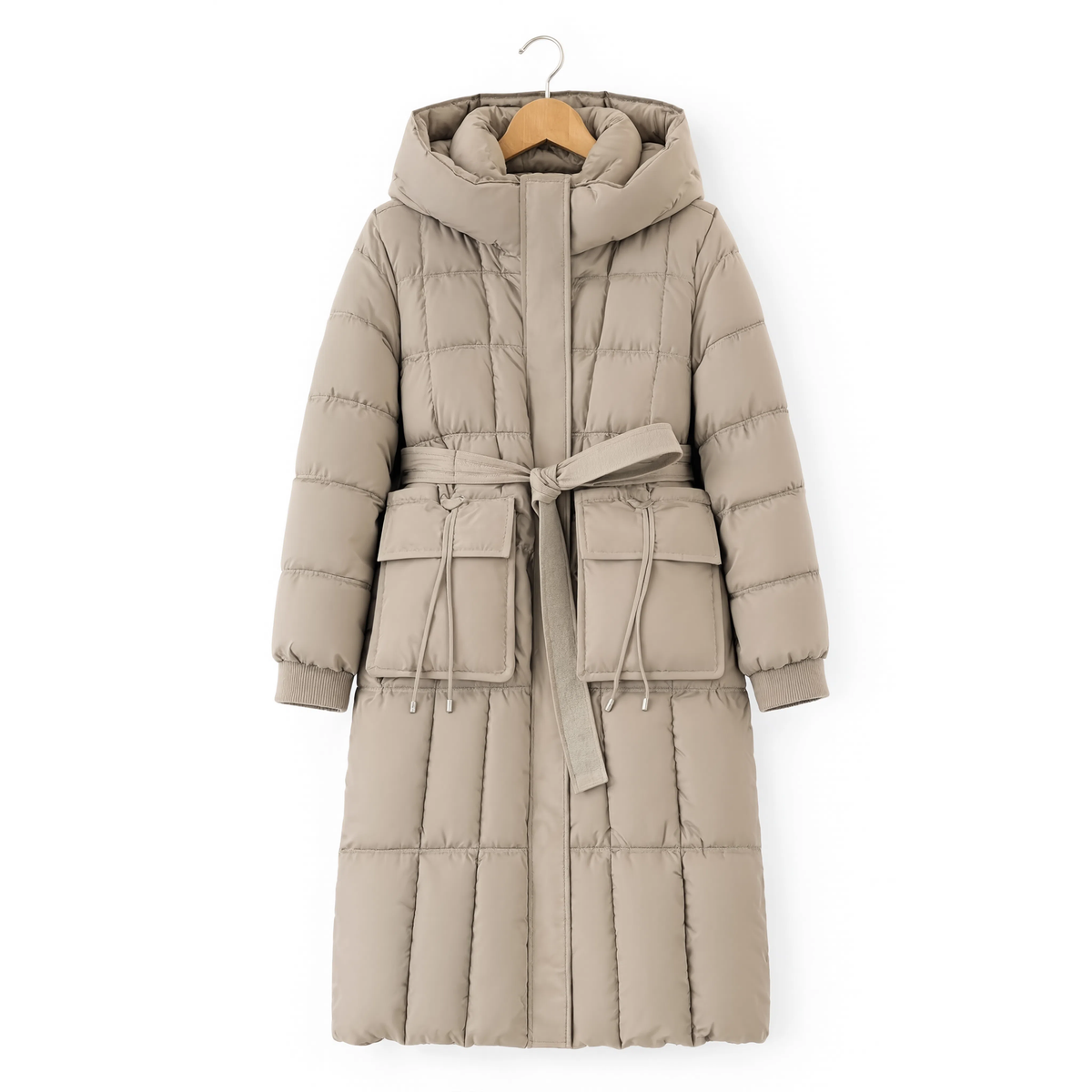 Parka longue femme beige à capuche et ceinture, vue produit sur cintre