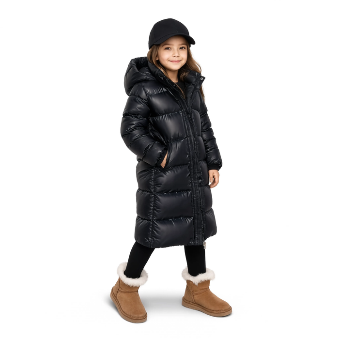 Doudoune fille longue noire à capuche, fond blanc | La Silhouette Noire