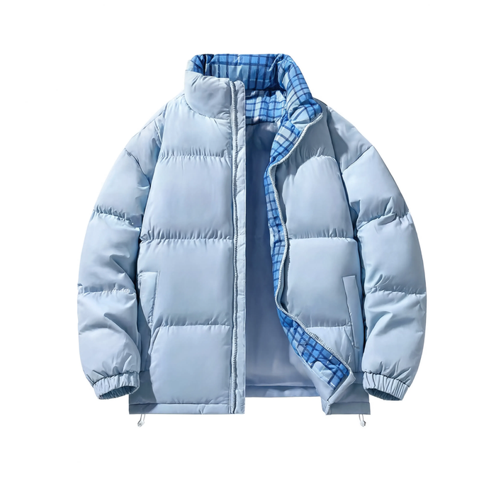 Doudoune homme bleu ciel à col montant, vue produit sur fond blanc