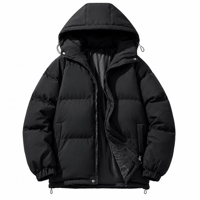 Parka matelassée homme noire à capuche, vue produit sur fond blanc