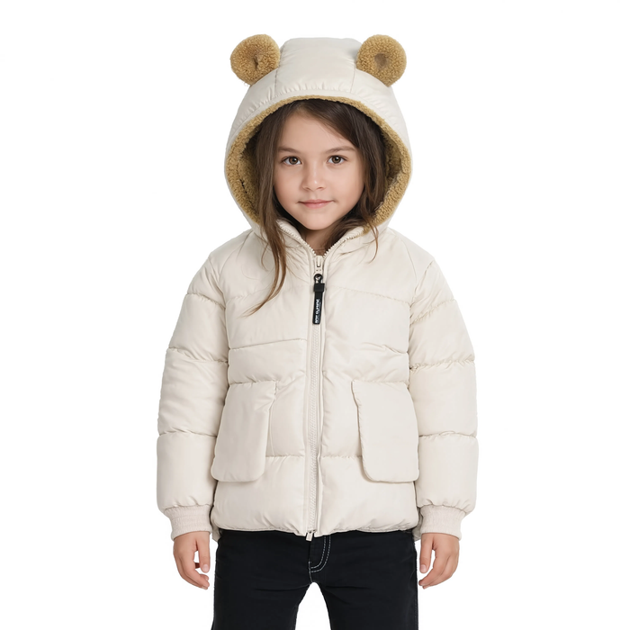 Parka fille beige oreilles d'ourson en molleton sur fond blanc | La Nounours