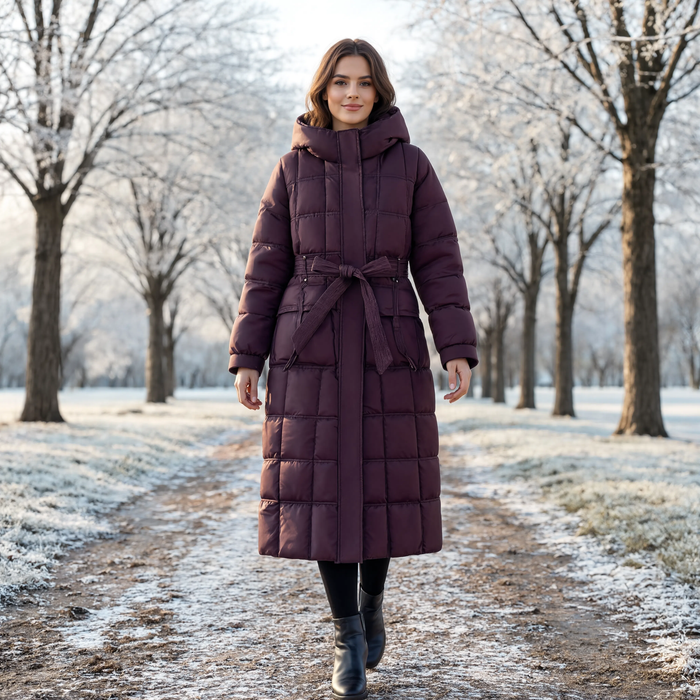 Parka longue femme bordeaux ceinturée portée en extérieur l'hiver