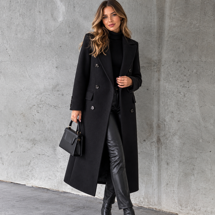 Trench femme noir long croisé à double boutonnage, porté en ville