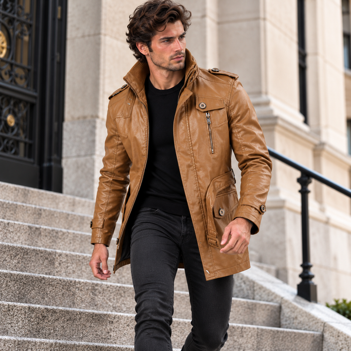 Veste longue homme effet cuir à épaulettes, col montant | Le Cavalier