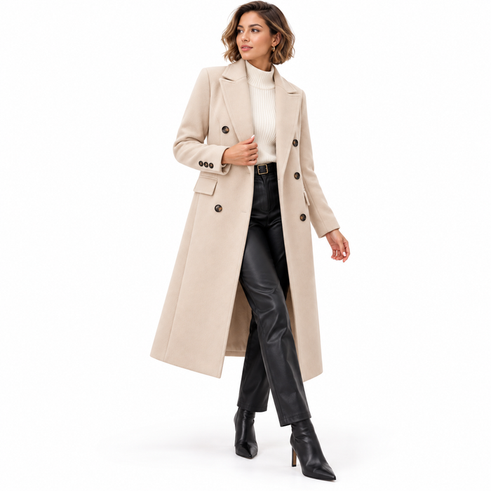 Trench femme beige long croisé à double boutonnage, porté en ville
