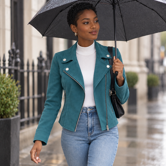 Veste femme façon perfecto en suédine, zip asymétrique | La Motarde