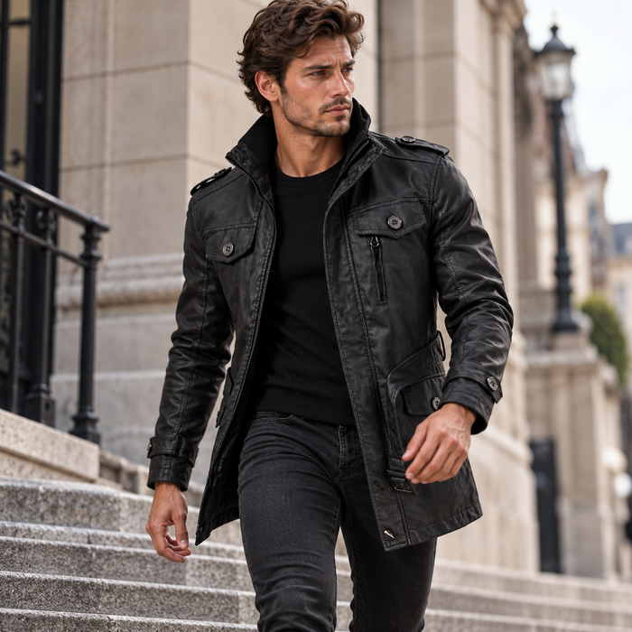 Veste longue homme effet cuir à épaulettes, col montant | Le Cavalier