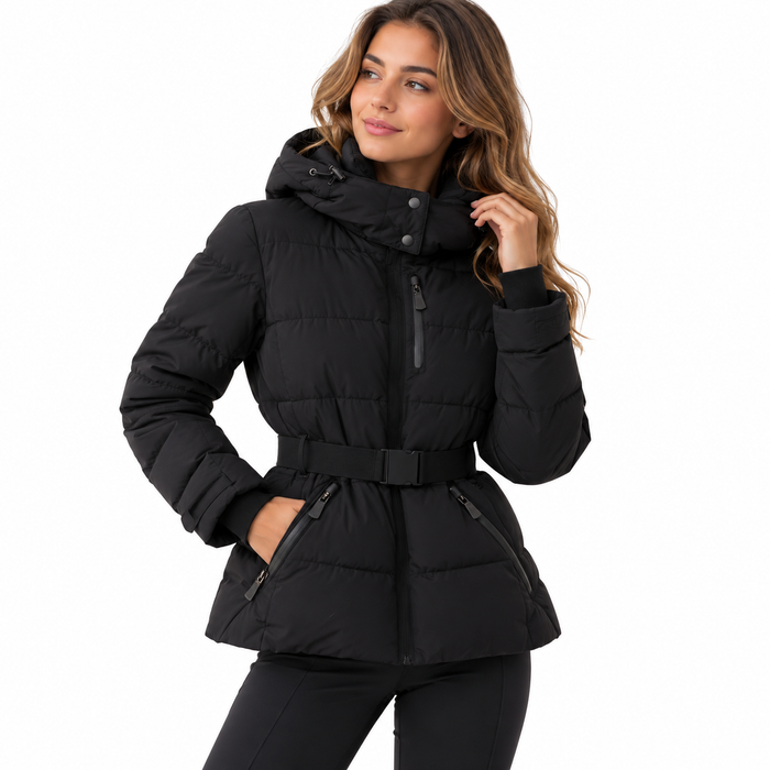 Veste de ski femme brillante ceinturée, capuche ajustée | La Skieuse