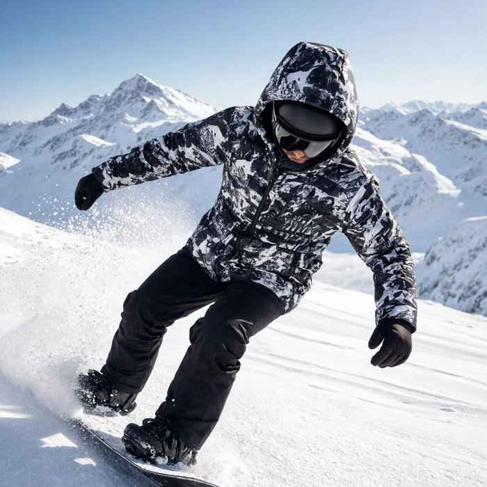 Veste coupe-vent noire et blanche à motif graffiti portée sur les pistes